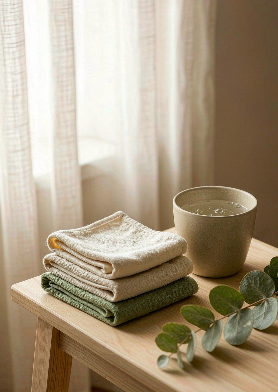 Soft morning light through sheer linen curtains, a ceramic mug of water, folded soft towels in cream and sage, and a sprig of eucalyptus on a wooden table.
