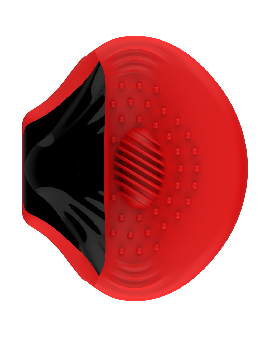 Shell-shaped male masturbator in black and red, side view with the shell slightly open