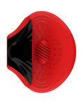 Shell-shaped male masturbator in black and red, side view with the shell slightly open