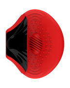 Shell-shaped male masturbator in black and red, side view with the shell slightly open