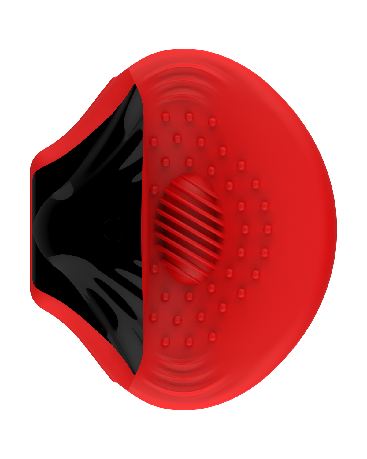 Shell-shaped male masturbator in black and red, side view with the shell slightly open