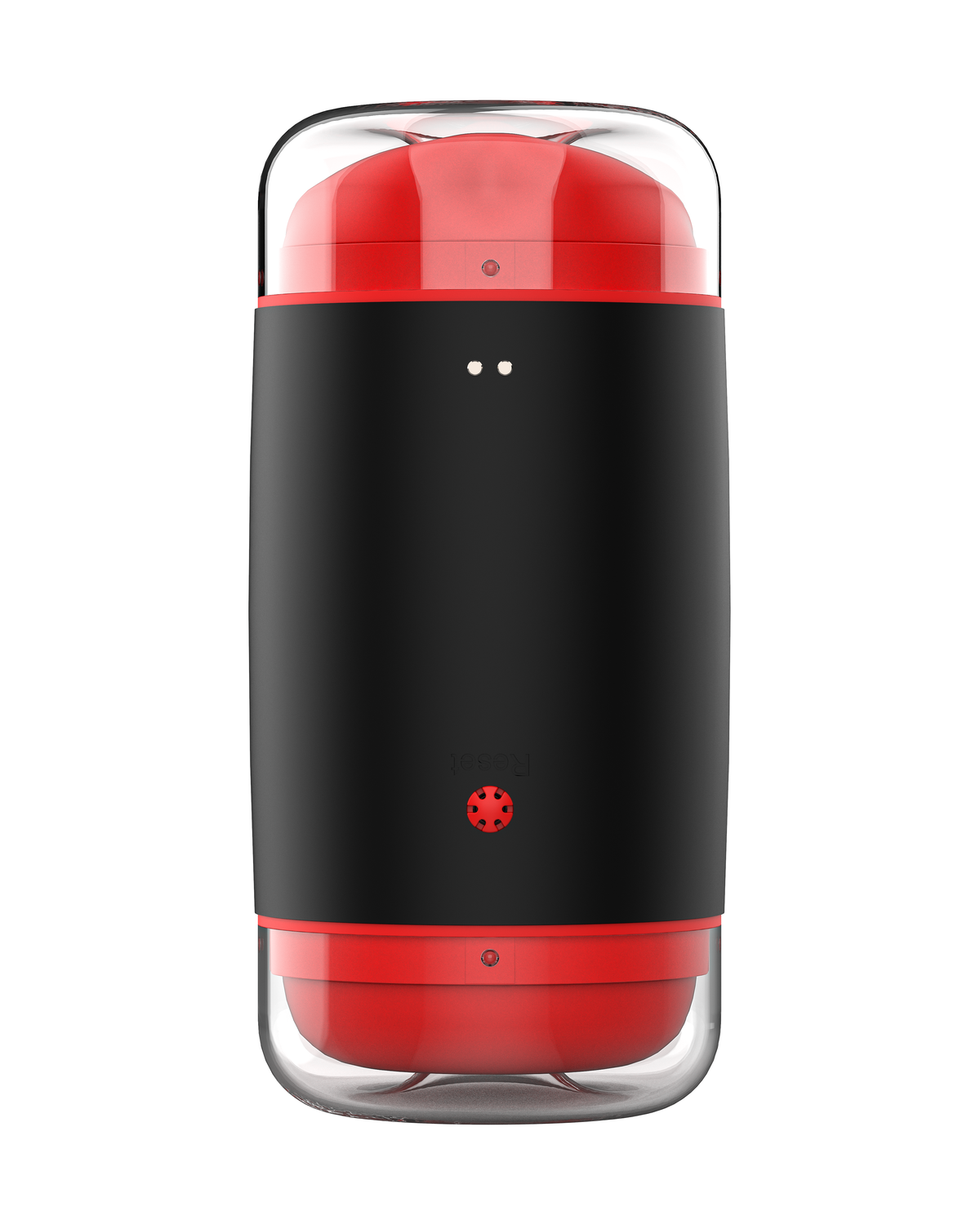 Finger-soft silicone male masturbator in black and red, front view