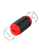 Finger-soft silicone male masturbator, exploded view with both caps removed