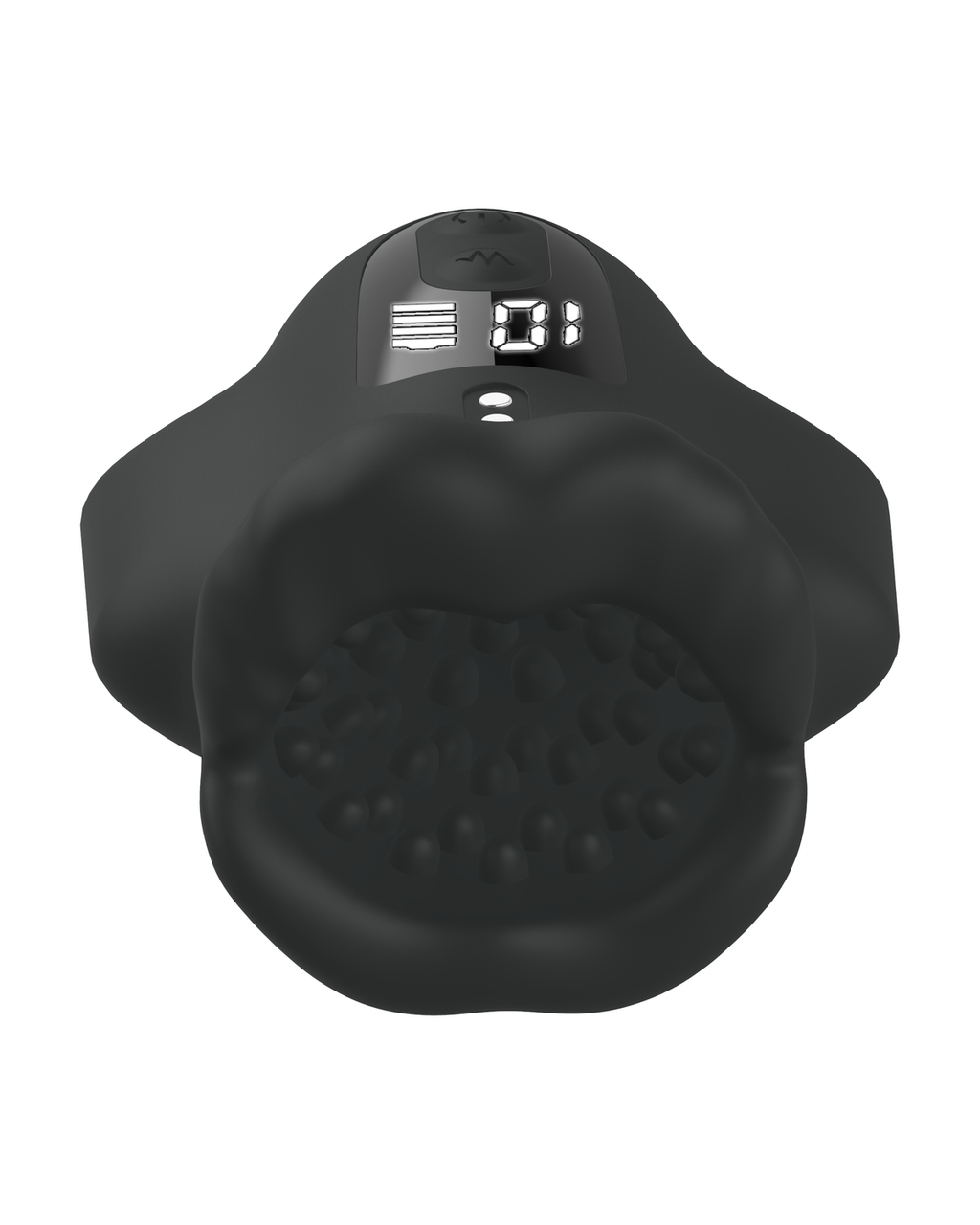 Lip-shaped silicone male masturbator in black, front view with LCD display