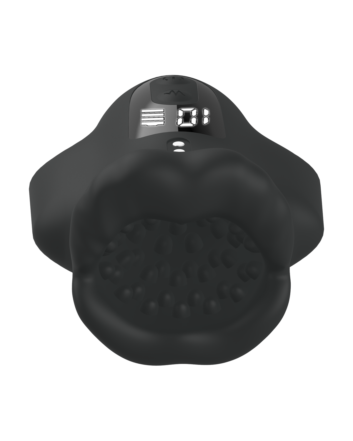 Lip-shaped silicone male masturbator in black, front view with LCD display