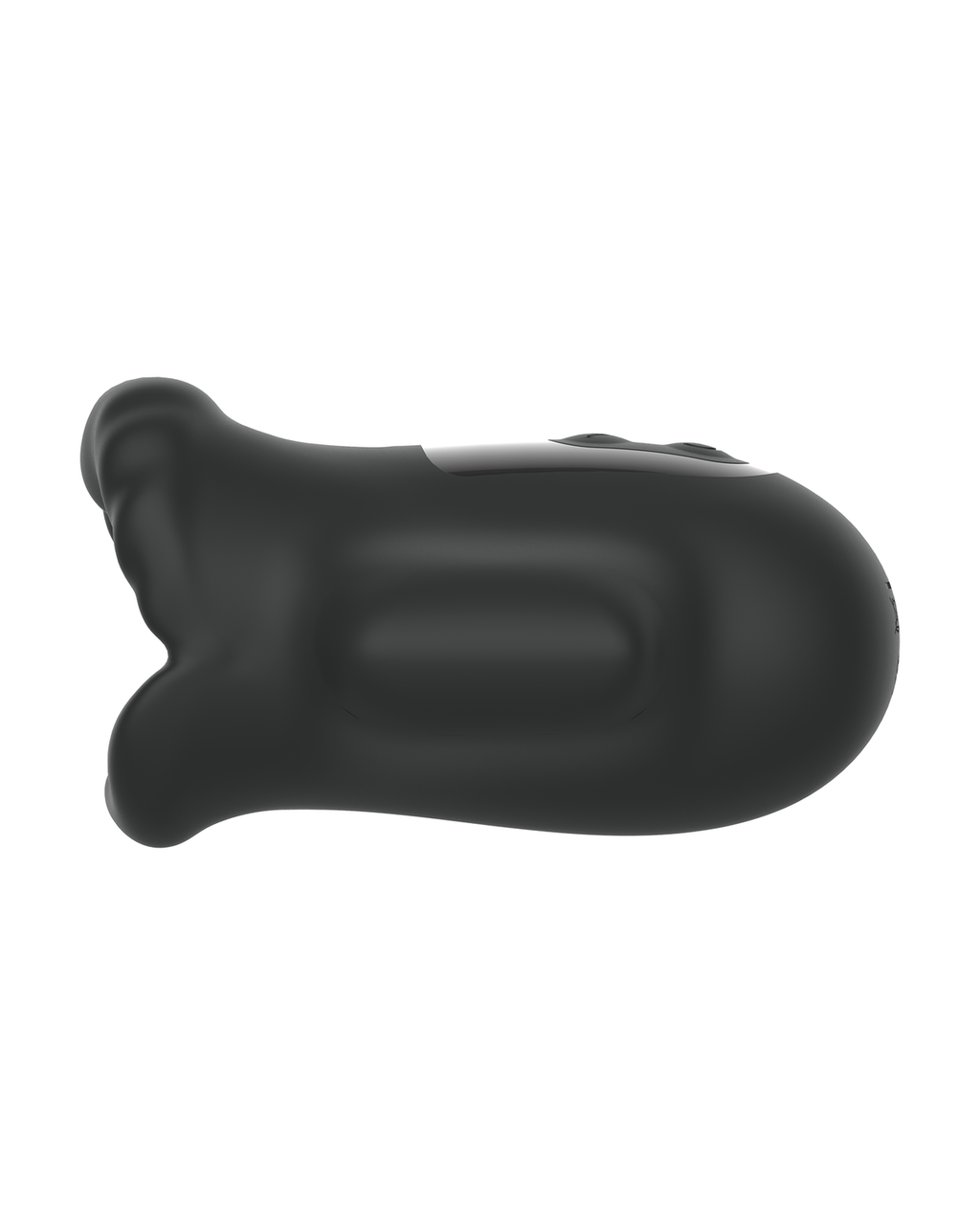 Lip-shaped silicone male masturbator in black, rear view
