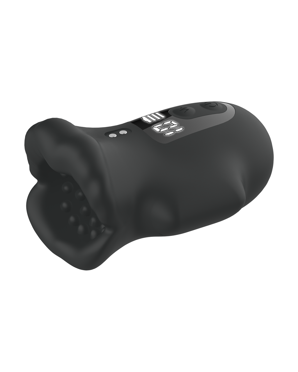 Lip-shaped silicone male masturbator in black, side view showing the entry