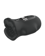 Lip-shaped silicone male masturbator in black, side view showing the entry