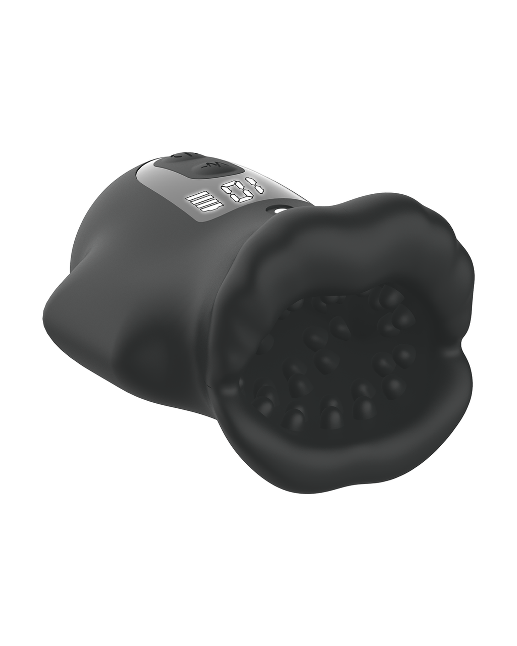 Lip-shaped silicone male masturbator, close-up of the textured inner entry