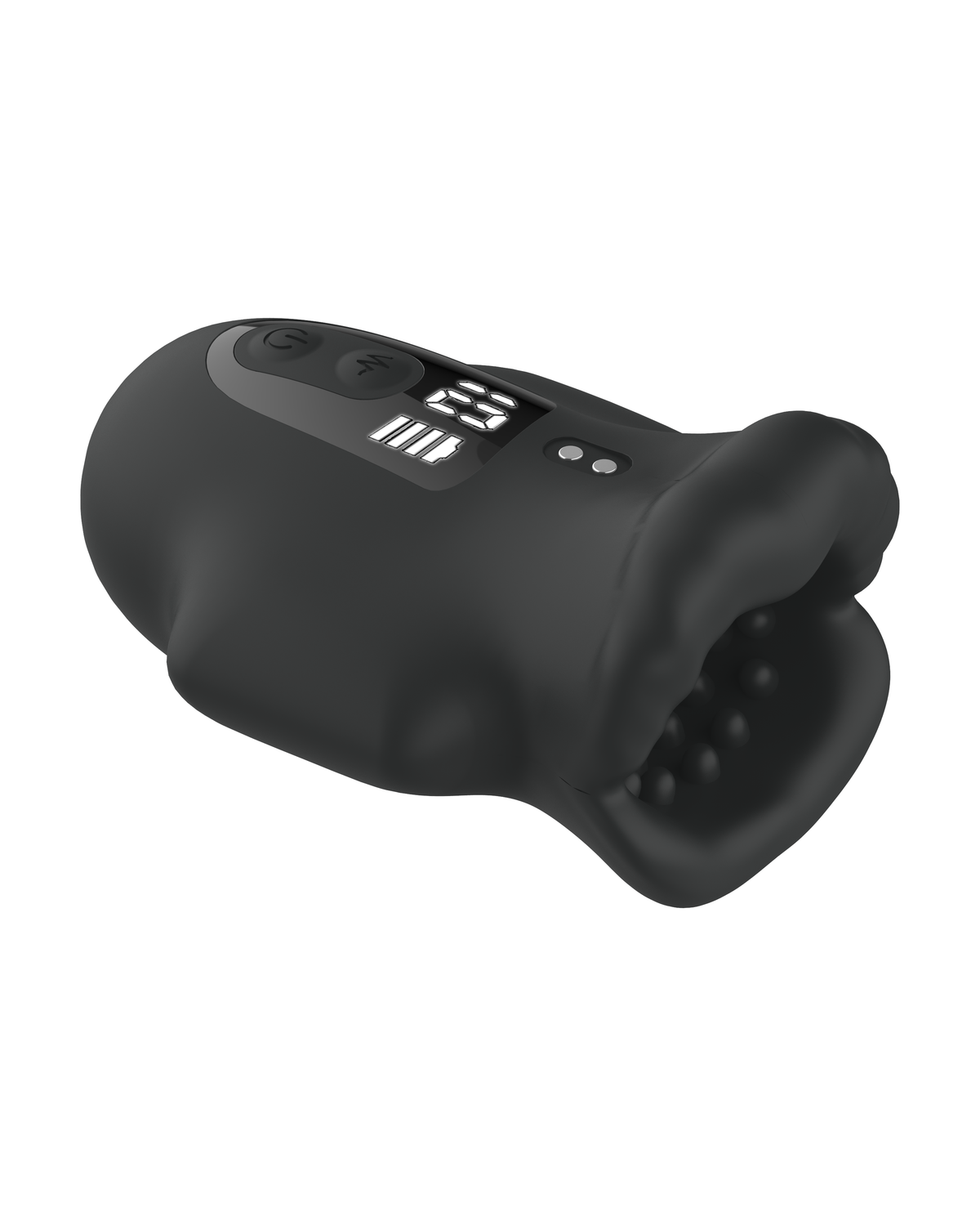 Lip-shaped silicone male masturbator, angled view of the entry and control panel