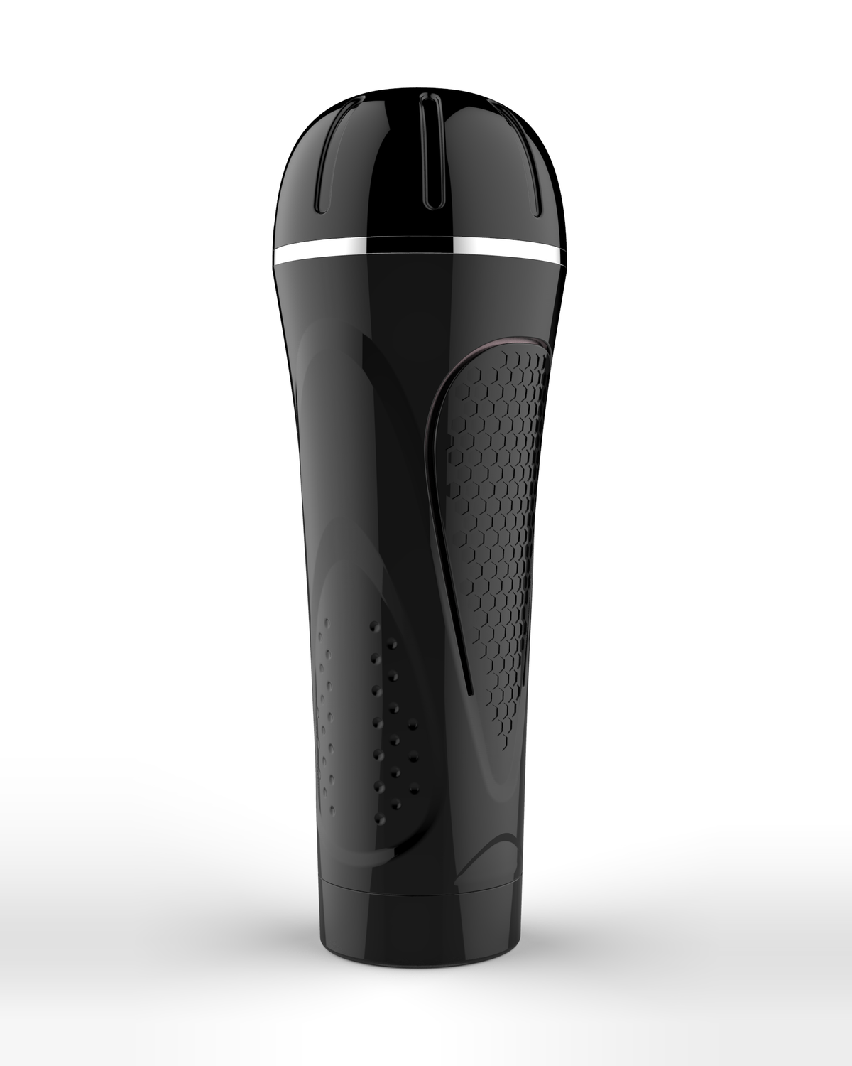 Honeycomb TPE manual male masturbator in glossy black, front view