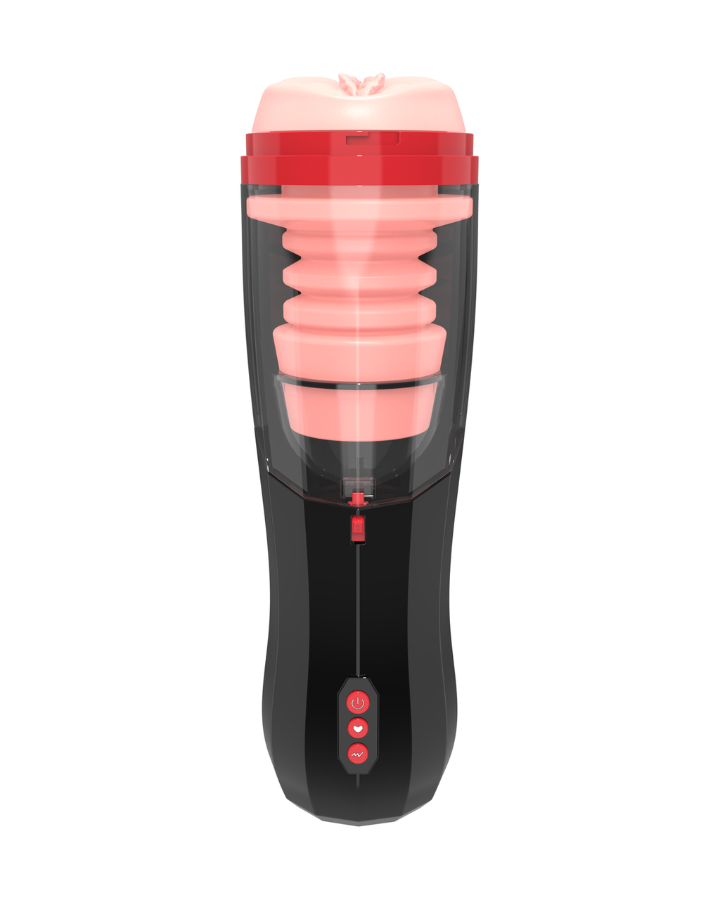 Titan telescoping male masturbator with transparent body, pink inner sleeve and control buttons, front view