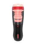 Titan telescoping male masturbator with transparent body, pink inner sleeve and control buttons, front view