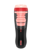 Titan telescoping male masturbator with transparent body, pink inner sleeve and control buttons, front view