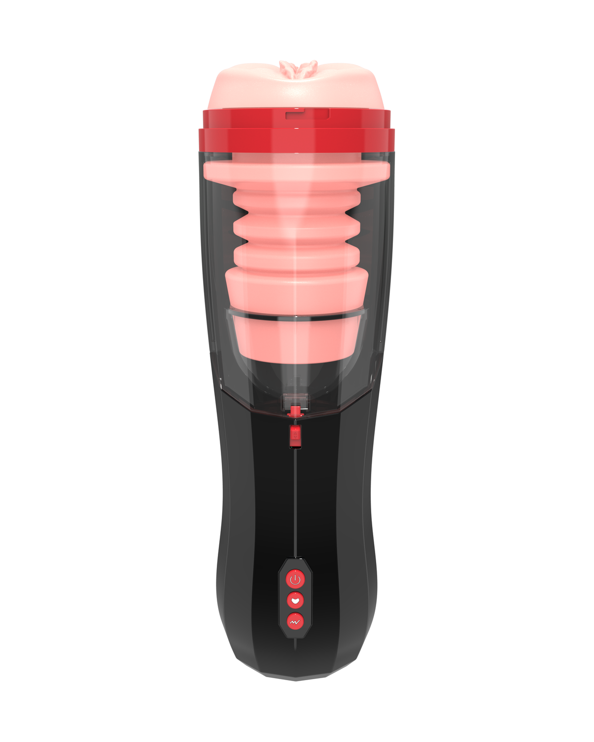 Titan telescoping male masturbator with transparent body, pink inner sleeve and control buttons, front view