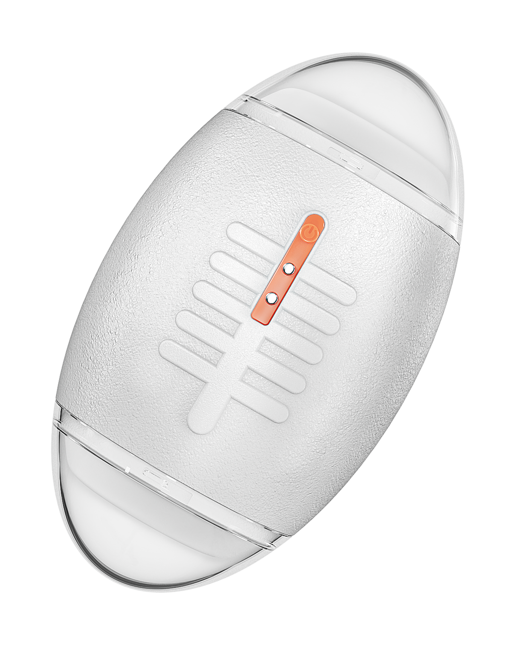 Rugby-ball shaped male masturbator in white, angled front view