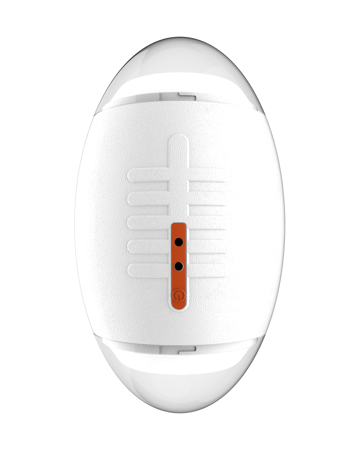 Rugby-ball shaped male masturbator in white, upright front view