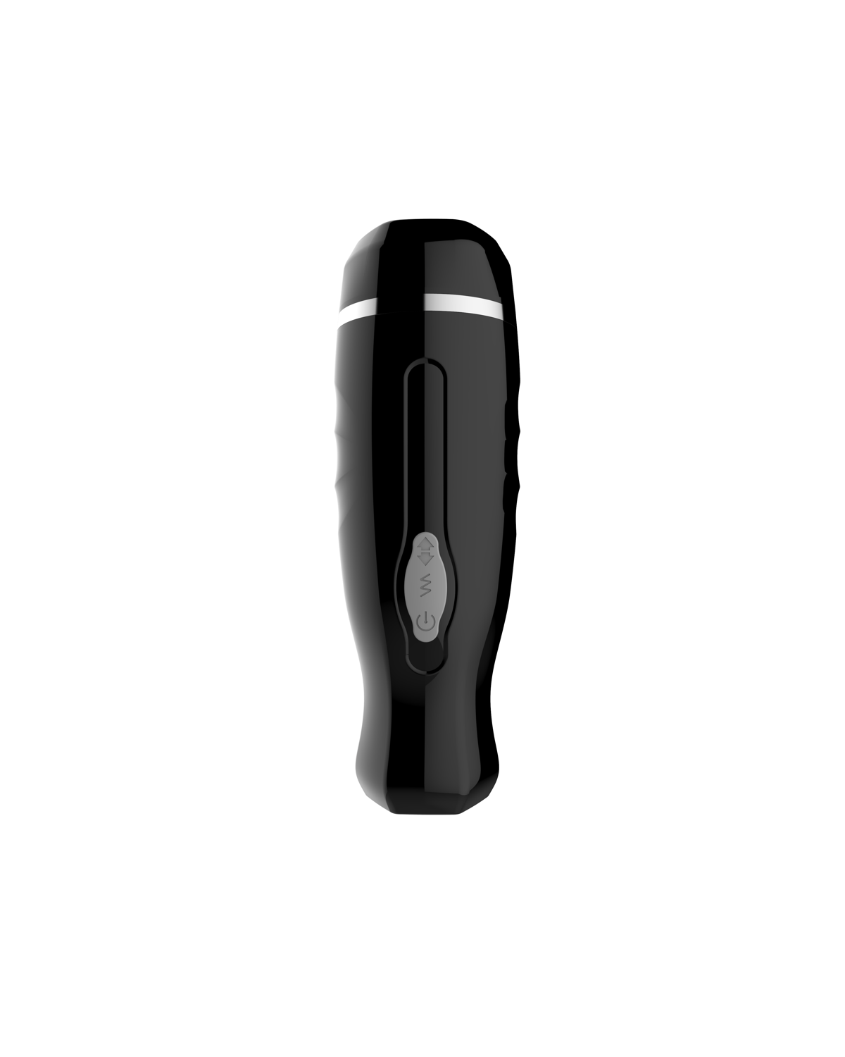 Pulse-stretch black telescopic male masturbator, front view