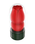 Rose-shaped heating male masturbator in red with transparent dome cover, front view