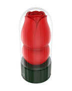 Rose-shaped heating male masturbator in red with transparent dome cover, front view