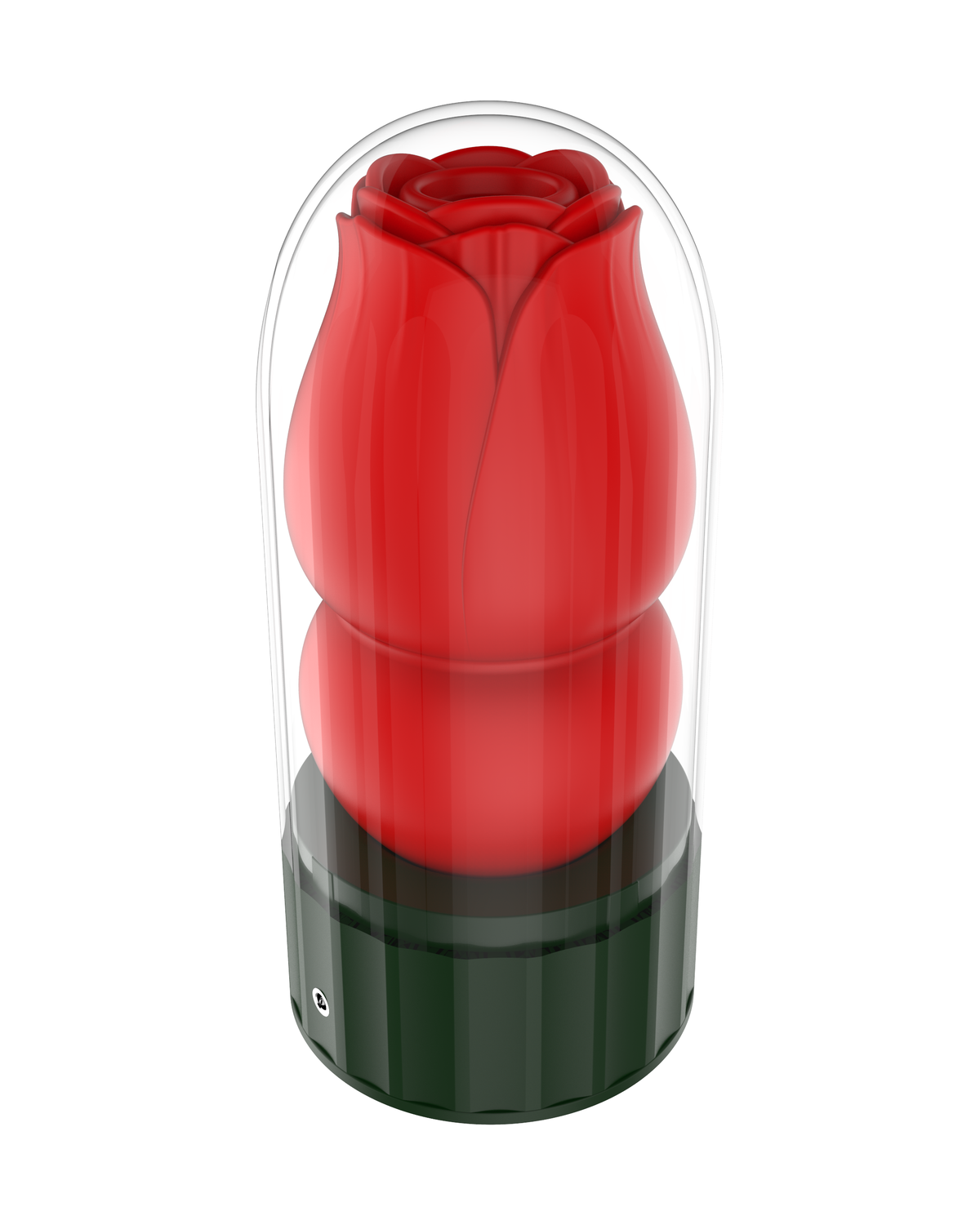 Rose-shaped heating male masturbator in red with transparent dome cover, front view