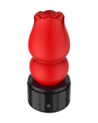 Rose-shaped heating male masturbator in red, front view without the dome cover