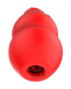 Rose-shaped heating male masturbator in red, angled close-up of the entry