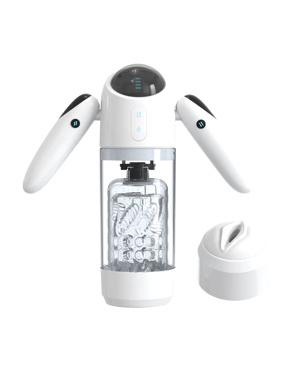 Astronaut white rotating telescoping male masturbator, front view
