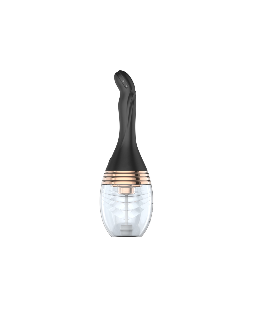 Black slim rechargeable electric douche cleanser with clear reservoir, front view